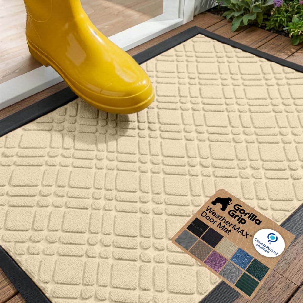 GORILLA GRIP 100% Waterproof All-Season WeatherMAX Doormat US Designed Natural Rubber, Stain and Fade Resistant, Low Profile Indoor Outdoor Door Mats, Easy Clean Patio Mat, 29x17, Modern Latte