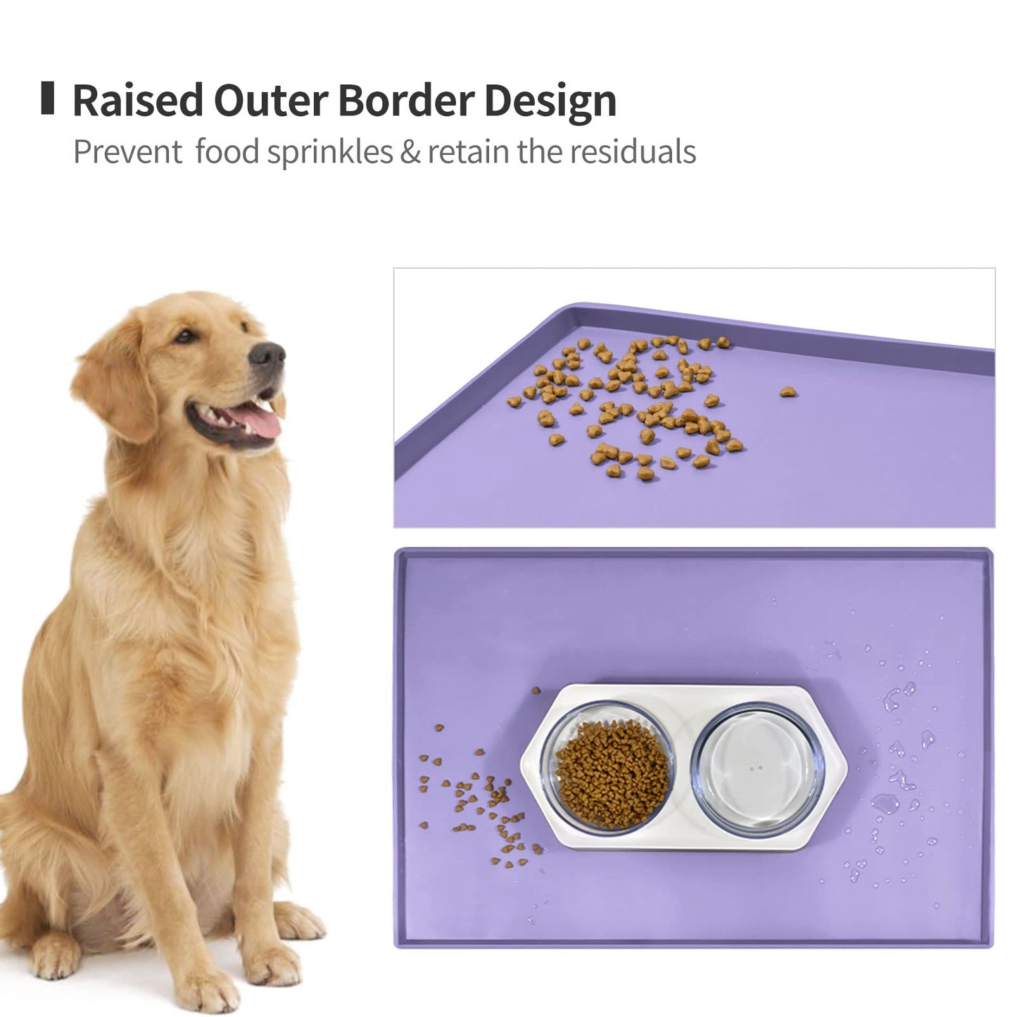 EIOKIT Dog Food Mat,Silicone Waterproof Food Tray,Non Slip Pet Bowl Mats Placemat,0.6" Raised Edge,Suitable for Most Small and Medium Sized Pets,18.5" x 11.5"