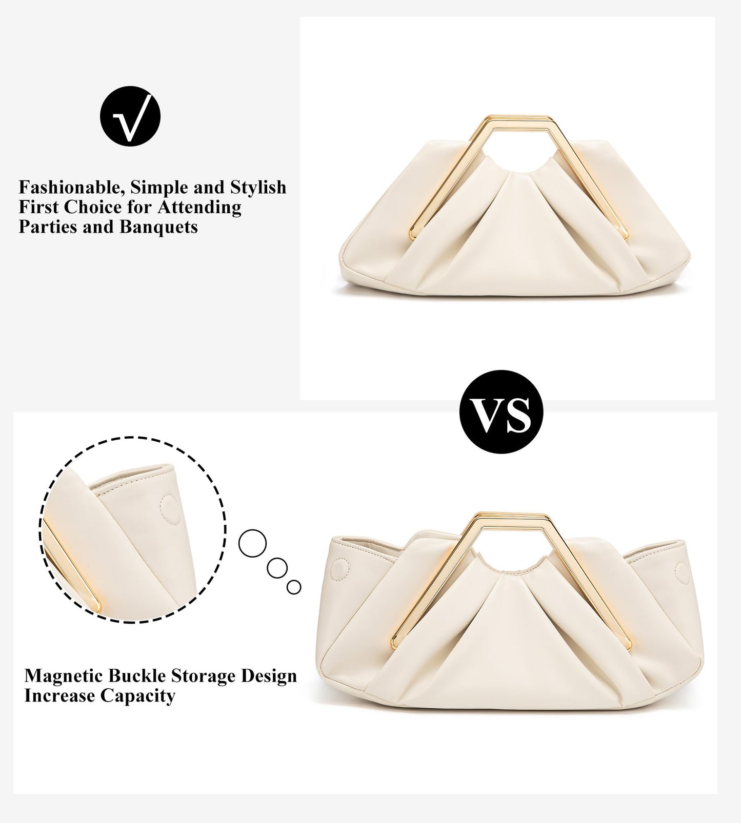 myfriday Women's Elegant Ruched Clutch Purse, Soft Dumpling Evening Purse Handbags for Wedding Prom Party Formal Events (Beige)