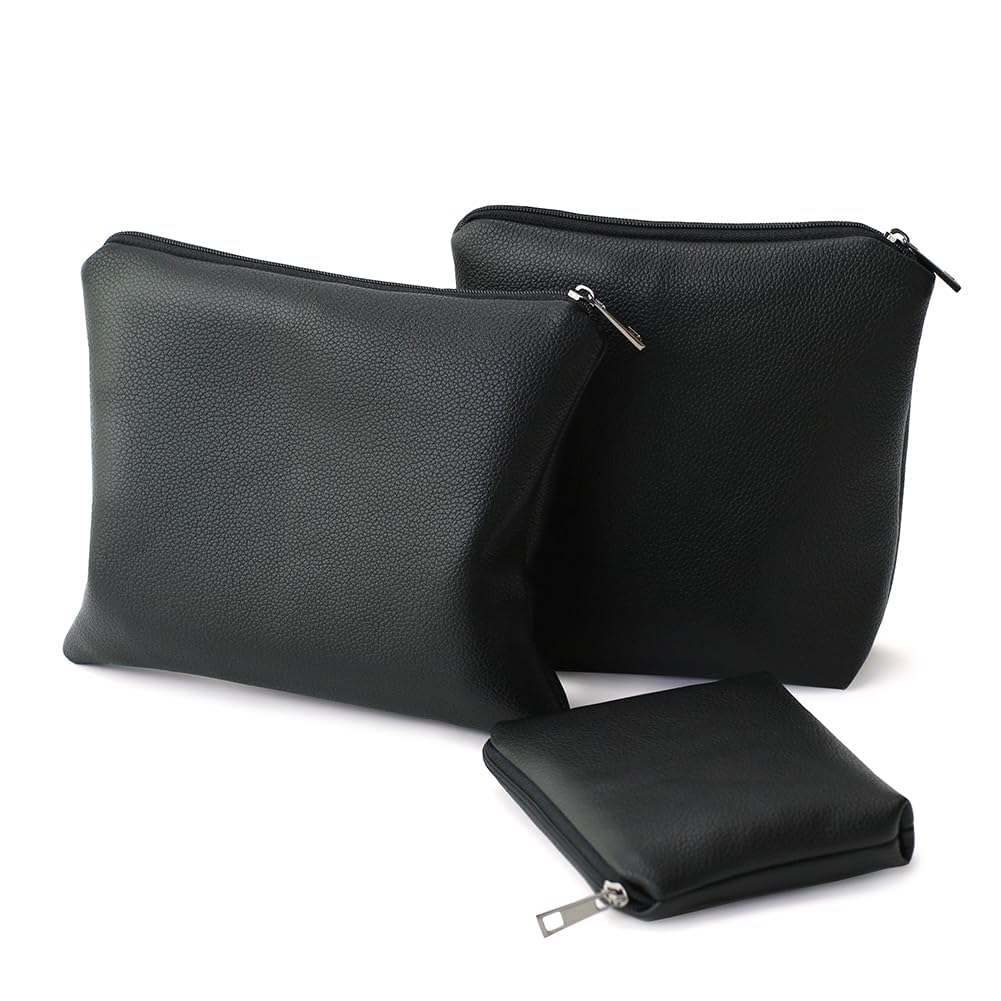 BBORGDC Small Cosmetic Bag Set of 3 for Purse, Black PVC Leather Cosmetic Pouches, 3 Sizes Zipper Organizer for Travel & Toiletries, Daily Bag Organizer, Gift for Women