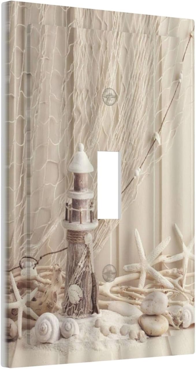 Nautical Coastal 1 Gang Single Toggle Light Switch Covers Seashell Fishing Net Ocean Lighthouse Starfish Decorative Wall Plate Switchplate Electrical Faceplate Beach Theme Decor