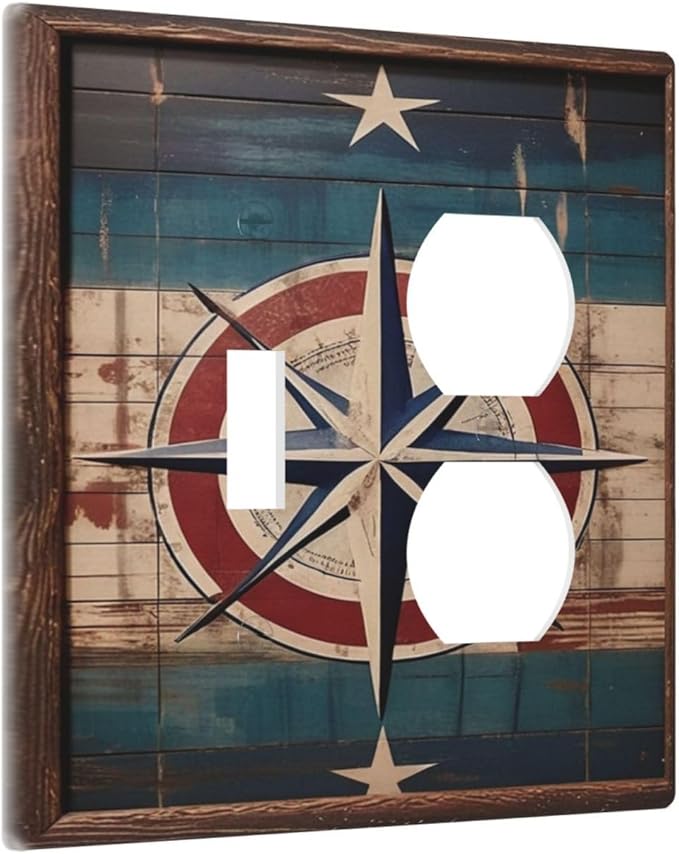 Decorative Art Light Switch Covers Nautical Rustic Star Emblem 2 Gang Single Toggle Duplex Combination Electrical Faceplate Switchplate Wall Plate for Home Decor