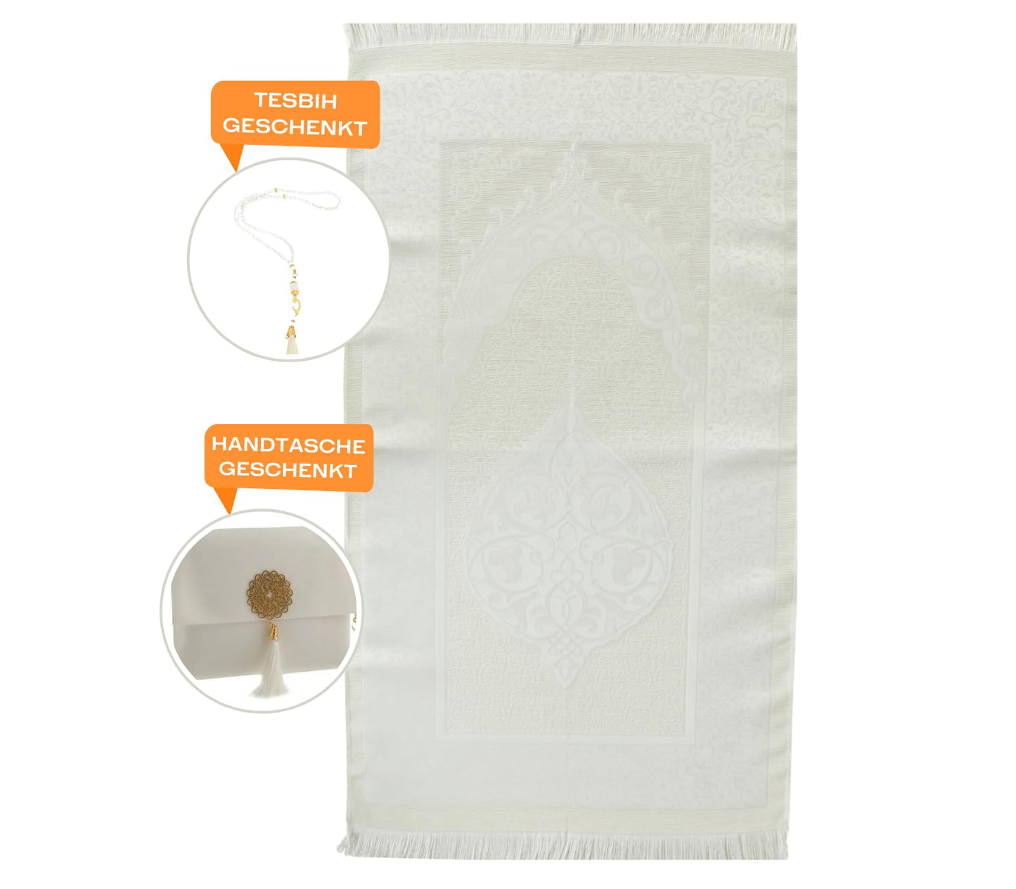 Prien Muslim Prayer Rug with Tasbih and Portable Bag, Muslim Gift for Women Men, Mubarak Islamic Box, Soft Mat Islam Gifts Set, Turkish Sajadah for Ramadan, Eid, Hajj, Travel, Pray (Cream)