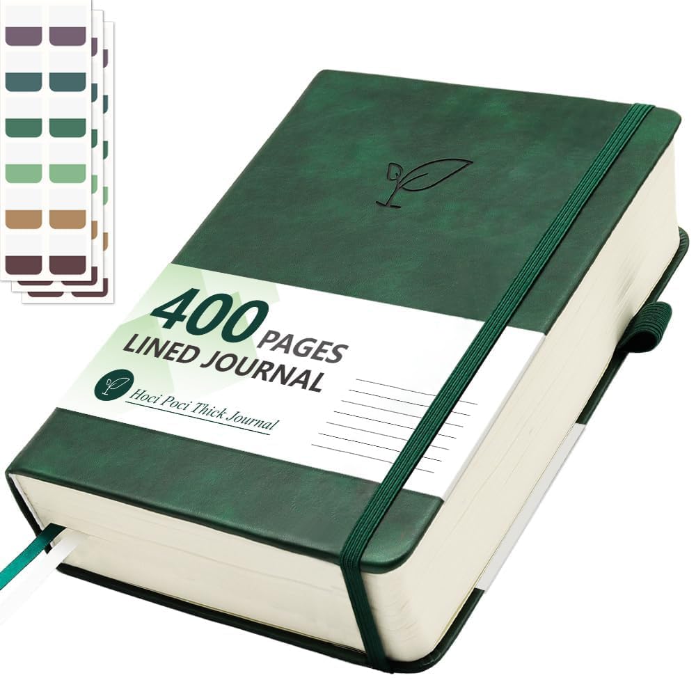 Hoci Poci Lined Journal Notebook, 400 Pages Thick Journal for Writing, A5 Hardcover Leather Notebook with 100Gsm College Ruled Paper for Women Men Work Note taking, 5.8" x 8.4", Green