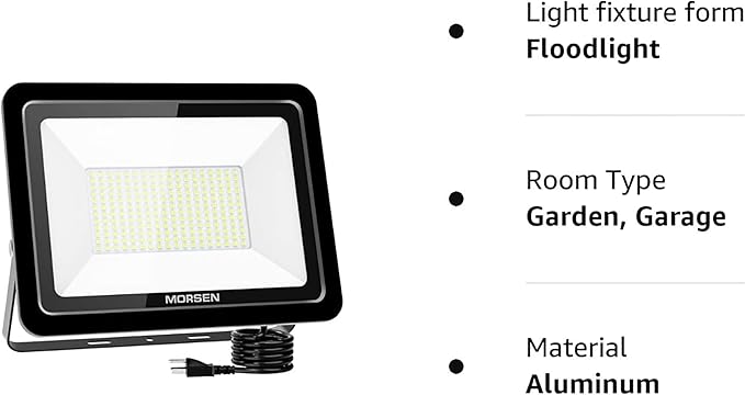 MORSEN 200W Flood Light Outdoor Plug in - 20000LM 5000K LED Flood Light, IP66 Waterproof, UL Listed Daylight Security Lights for Garden, Yard, Garage, Stadium, 2 Pack