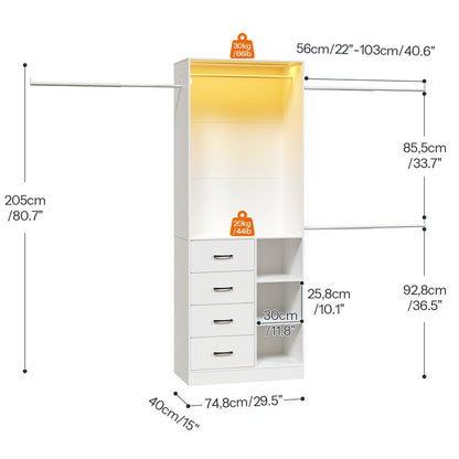HOOBRO Closet System with 3 Extendable Rods, 6 to 9FT Closet Organizer with 4 Drawers, LED Light Strip, Built in Closet Organizer System, Adjustable Cloth Garment Rack for Cloakroom, White
