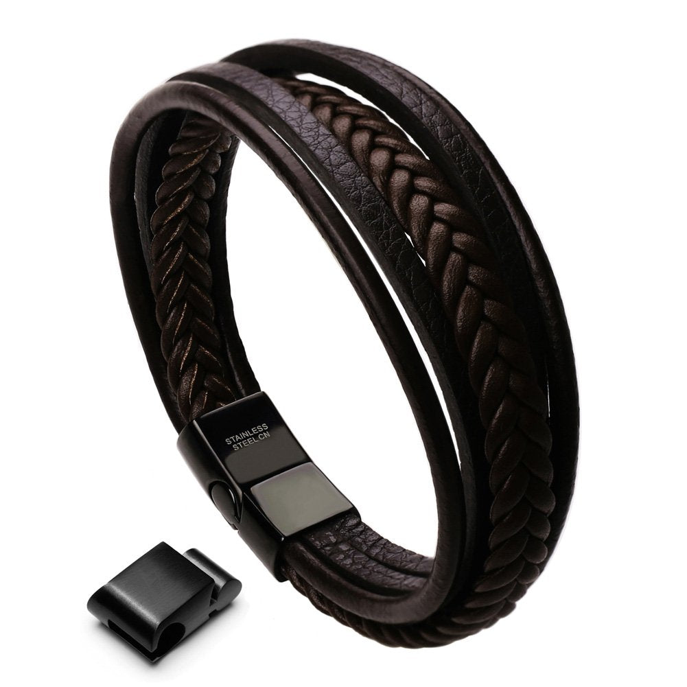 murtoo Mens Leather Bracelet with Clasp Cowhide Multi-Layer Braided Leather Mens Bracelet