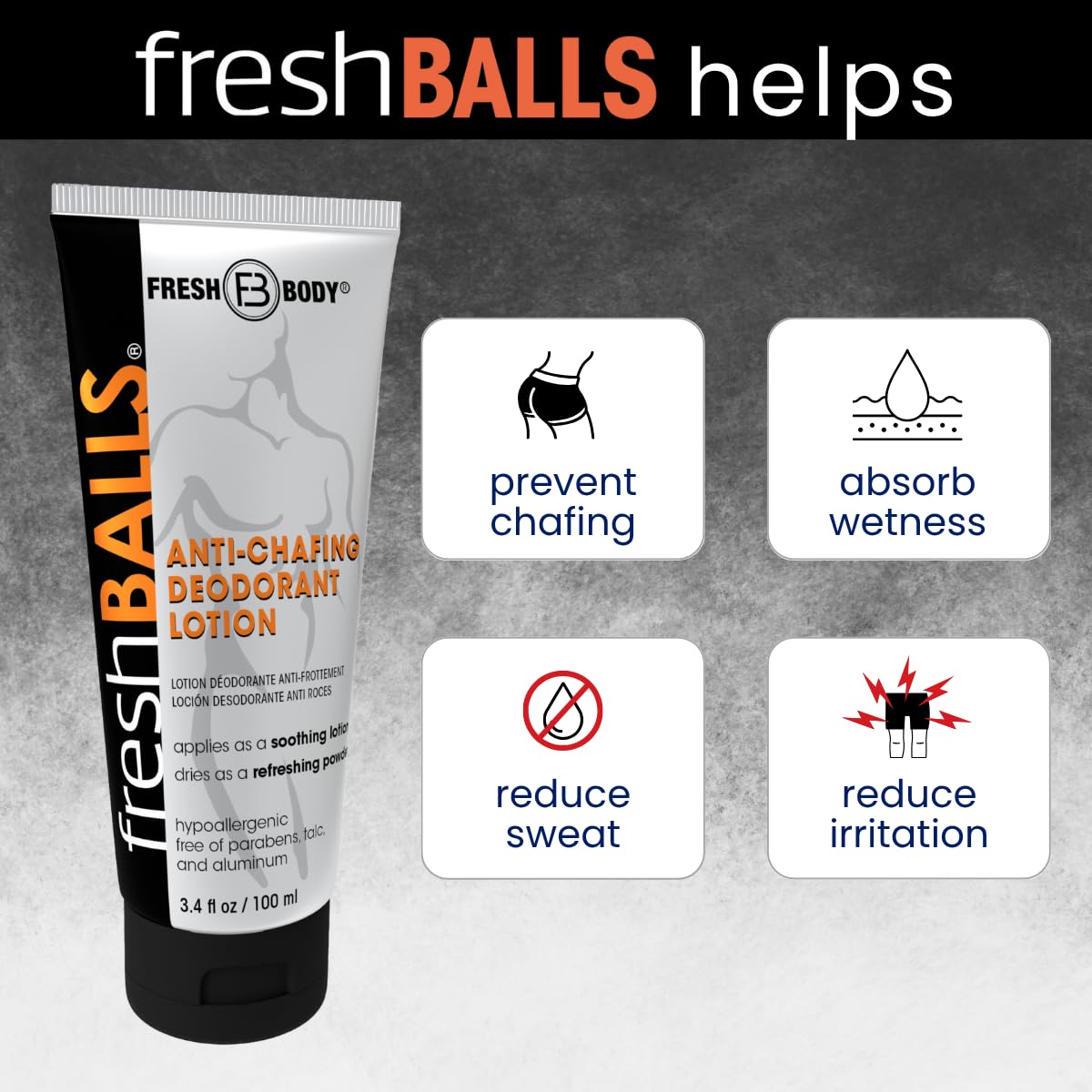 Fresh BALLS Cream - Men's Anti-Chafing Comfort Soothing Lotion to Powder - Ball Deodorant and Hygiene for Groin Area - The Original Anti Friction Cream for Men, 3.4 fl oz