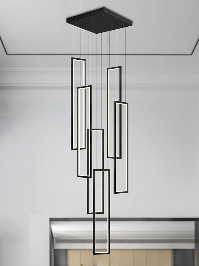 Flashing God Modern Chandelier,Black Chandelier with 6 Ring Led Foyer Chandeliers,Larger High Ceiling Chandelier for Living Room,Rectangle Chandelier for Entryway Staircase LED Dimming 2700k-6001k