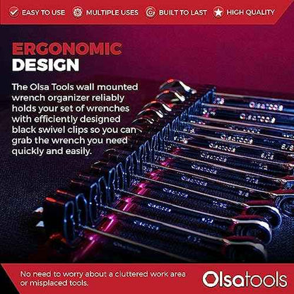 Olsa Tools Wall-Mounted Wrench Rack - Red Anodized Aluminum Rail with Black Clips - Stores 14 SAE or Metric Wrenches Securely - Professional Organizer - Part: 1028