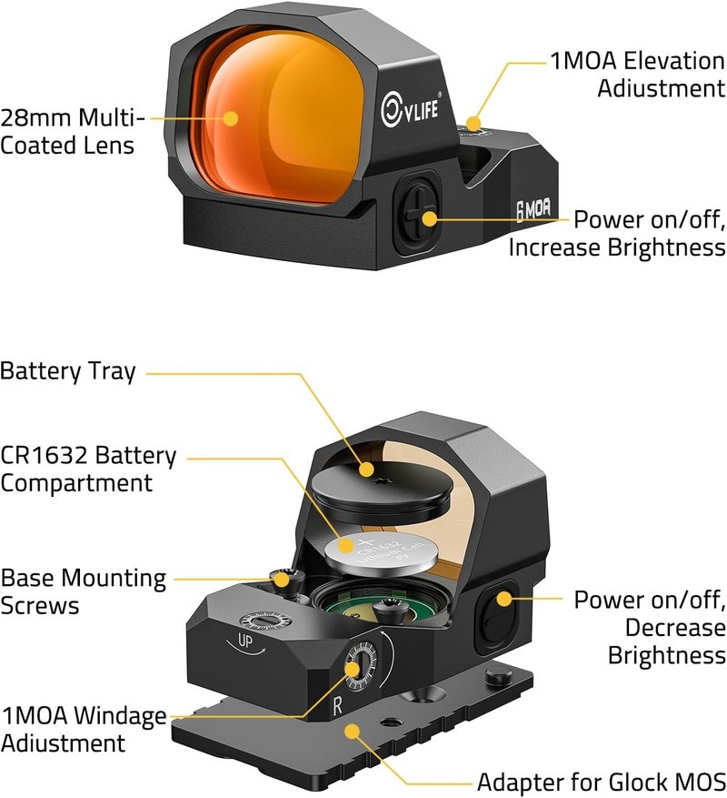 WolfCovert Pistol Dot Sight - 6 MOA Open Reflex Optics with 1.1" Large Lens | Adapter for MOS & 21MM Picatinny