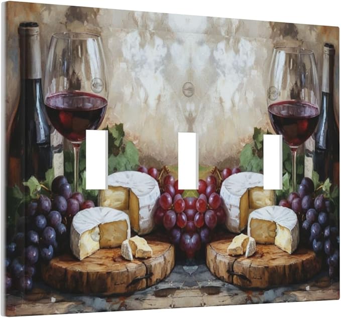 Decorative Art Light Switch Covers Wineglass & Artisanal Cheeses 3 Gang Triple Toggle Wall Plate Decorative Switch plate Electrical Faceplate for Home Decor