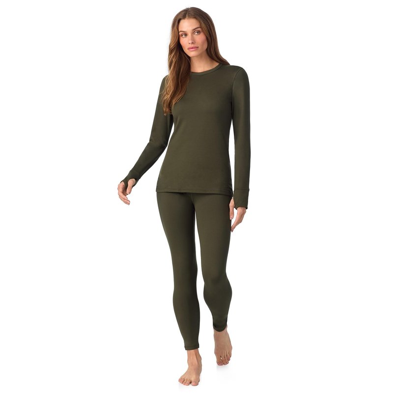 Cuddl Duds Womens Heavyweight Fleece 2 Piece Long Sleeve Thermal Underwear Set – Shirt & Leggings Base Layer for Cold Weather – Winter Clothing Long Johns Lounge Sets for Women, Green, XS