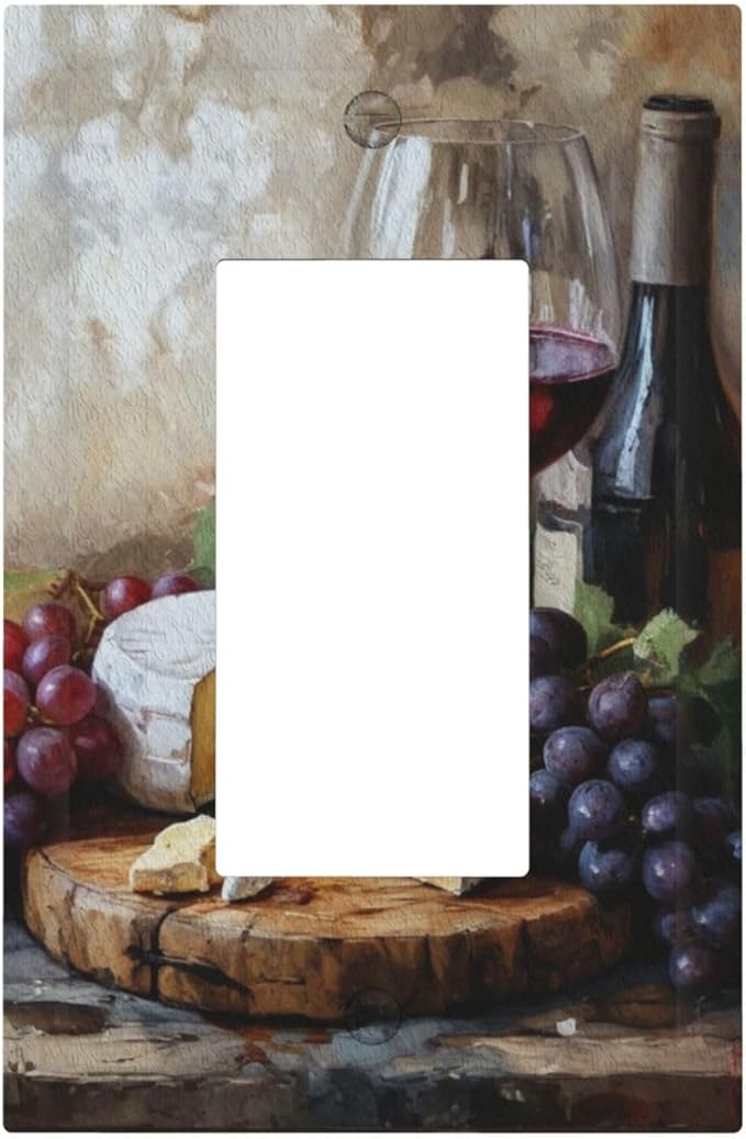 Decorative Art Light Switch Covers Wineglass & Artisanal Cheeses 1 Gang Rocker Outlet Decorative Switch plate Faceplate GFCI Light Switch Covers for Home Decor