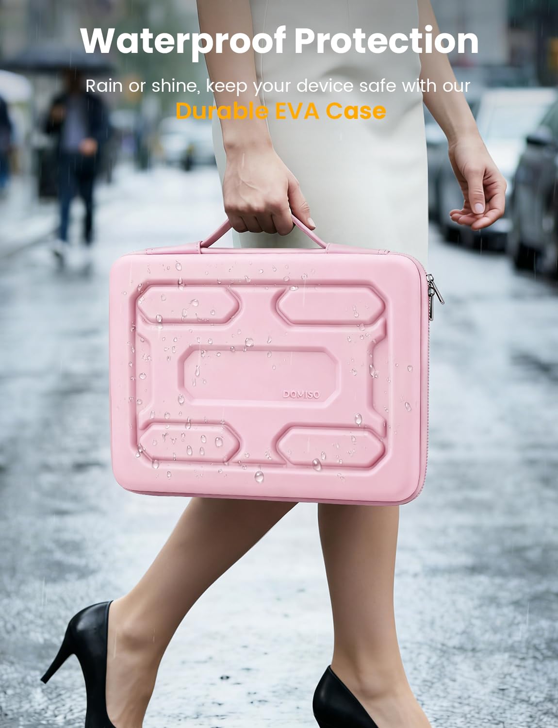 DOMISO Laptop Hard Case 14-14.4 inch Waterproof Shockproof Hard Shell Laptop Sleeve with Handle & Storage Pocket, Compatible with MacBook, HP, Dell,Pink