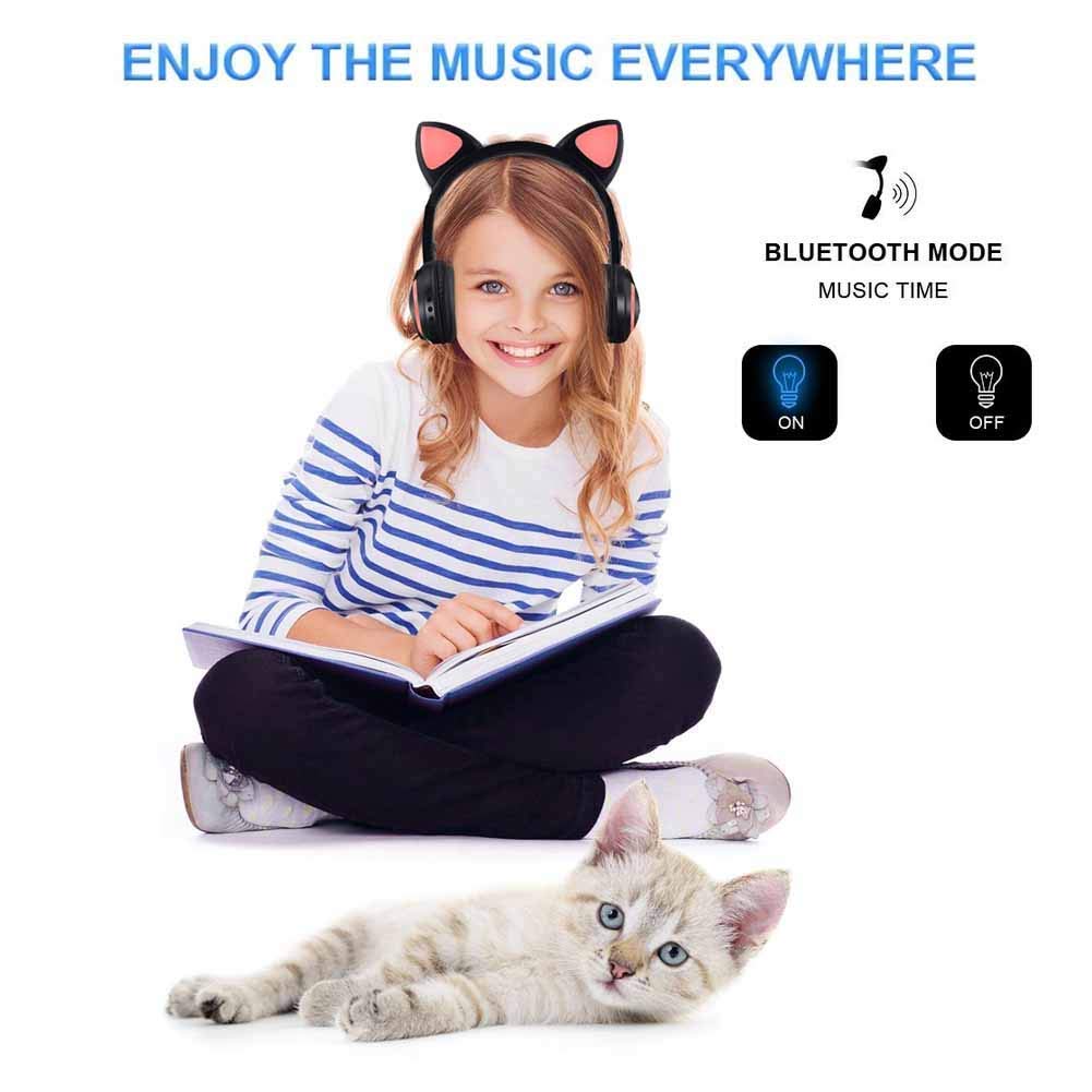Luckyu Wireless Bluetooth Cat Ear Headphones with Mic 7 Colors LED Light Flashing Glowing On-Ear Stereo Headset Compatible with Smartphones PC Tablet