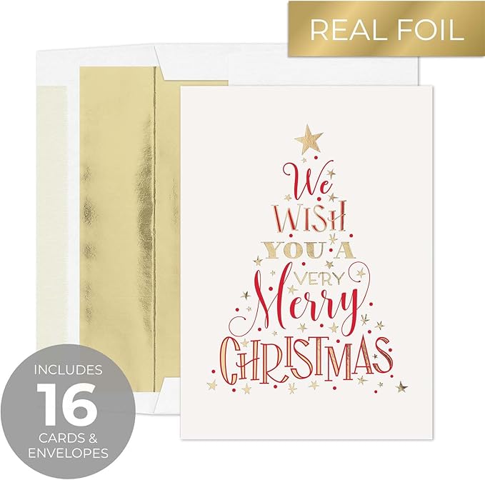 Masterpiece We Wish You A Very Merry Christmas Cards / 16 Boxed Winter Holiday Card Set With Gold Foil Accents And Coordinating Gold Foil Lined White Envelopes / 5 5/8" x 7 7/8" Folded Stars Evergreen Tree Greeting Cards With Inside Verse