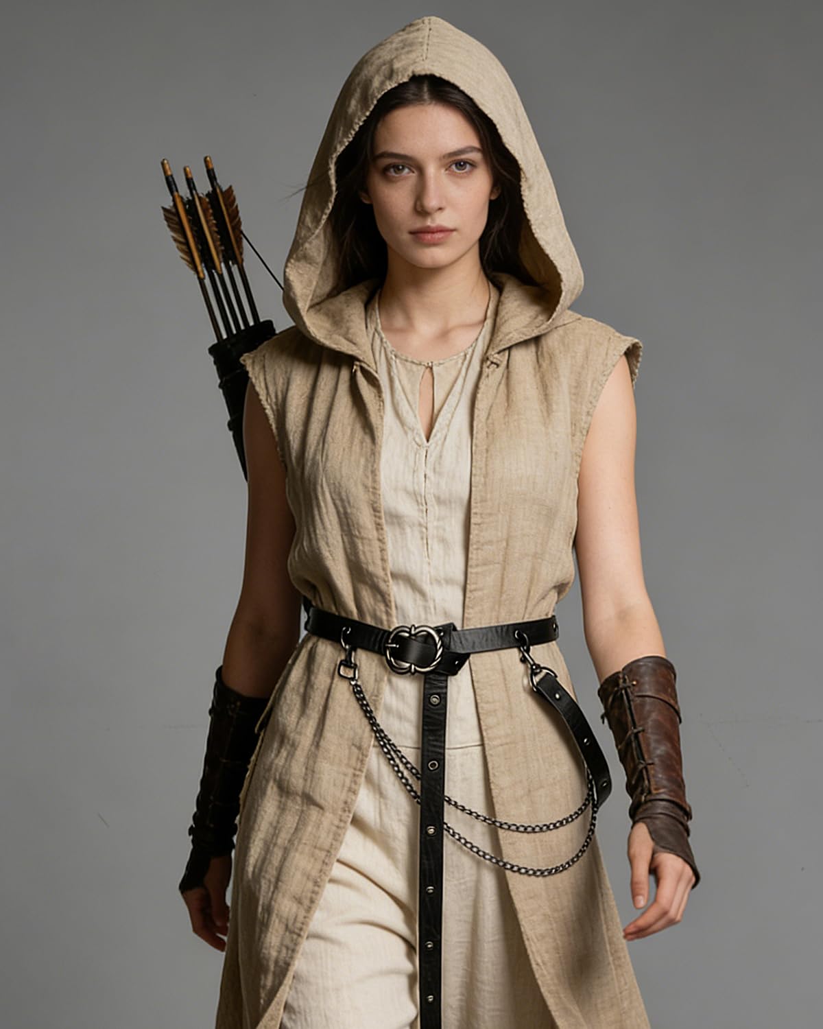 L'VOW Medieval Chain Leather Belt for Women Vintage Thin Belt for Renaissance Dresses Cosplay(StyleB,Black)