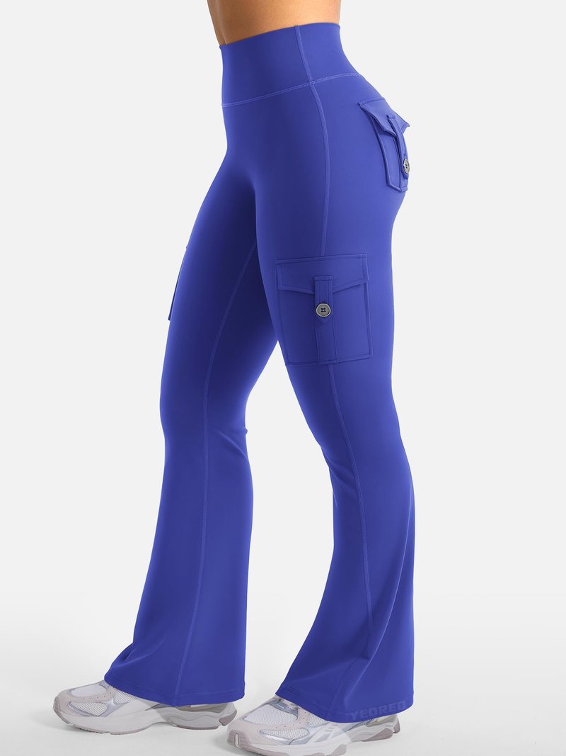 YEOREO CoreFlex Women Workout Flare Leggings with Pockets Hidden Scrunch High Waisted Cargo Gym Yoga No Front Seam Leggings 30" Inseam Dazzling Blue S