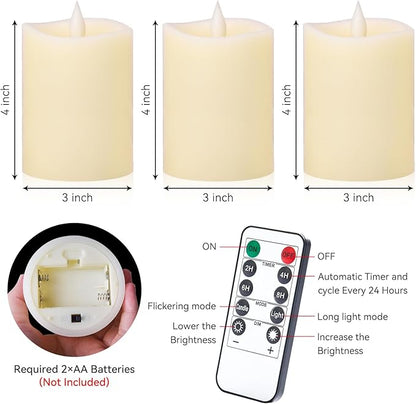 3x4 inch Flameless Candles: Realistic Flameless LED, Battery-Powered Pillar Candles with Remote & Timer, Fake Candles for Fall Decor, (Ivory, 3"*4"-3pcs)