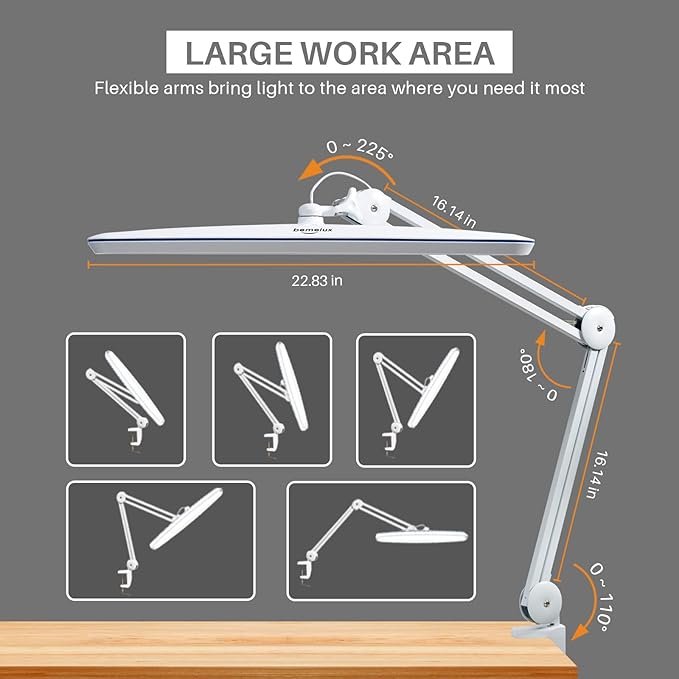 Task Lamp with Clamp, 23 Inch Lamp Head, Bright 182PCS LEDs,5 Color Temperatures, 5 Brightness Levels, Metal Swing Arm 24W 2200 Lumen Dimmable Led Desk Lamp (White, CCT)