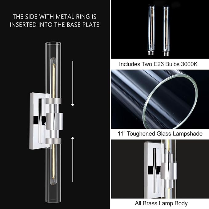 Chrome Wall Sconces, 22.8" Bathroom Sconces, Indoor Sconces Wall Lighting Up and Down, Nickel Wall Sconce Set of Two Dimmable, Vanity Lights for Bathroom with Tube, Glass Sconce for Bedroom, Staircase