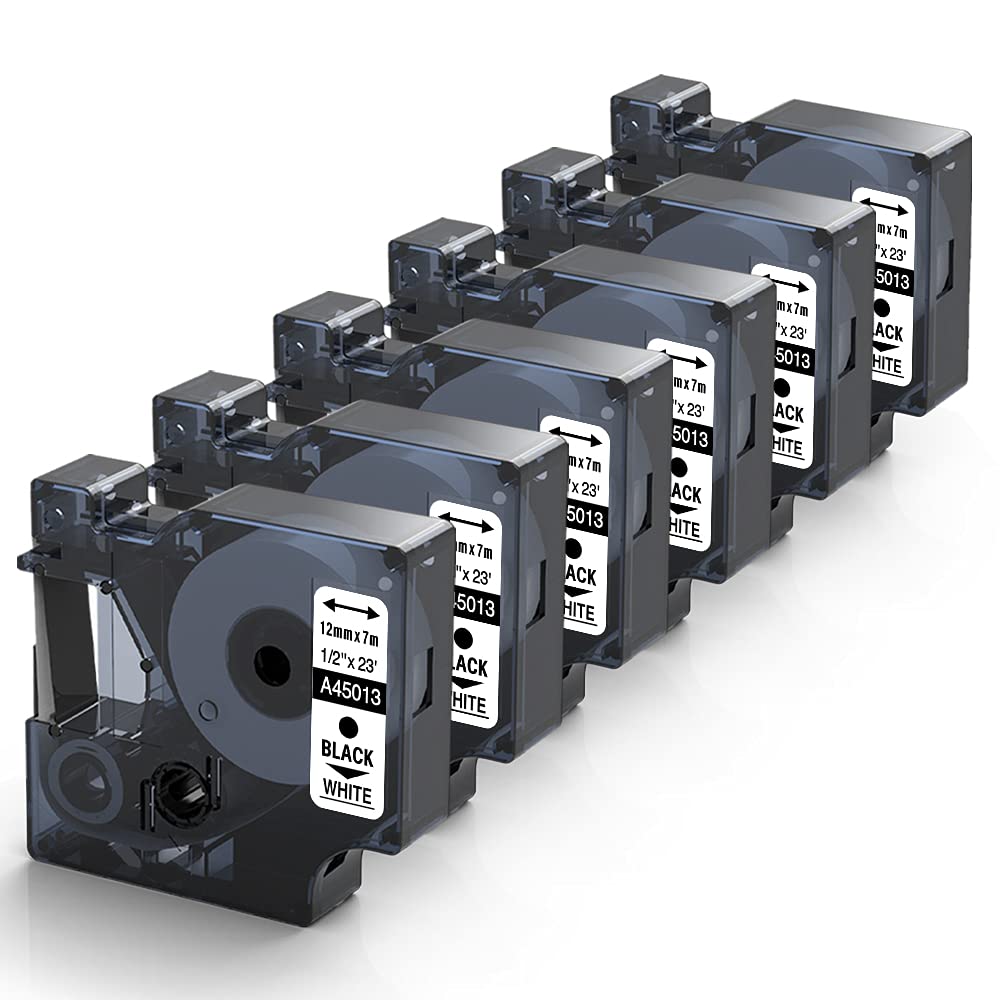 Replace for Dymo Label Maker Refills 45013 s0720530s Dymo D1 Label Tape A45013 1/2 Inch 12mm Compatible with LabelManager 160 210D 360P 280 420P PnP, Black on White,6-Pack