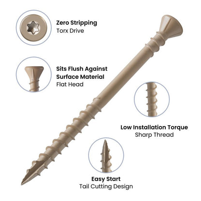 BNUOK Deck Screws Assortment Kit 96 PCS, Exterior Wood Screws Flat Head Torx Drive Rust Resistant Epoxy Coated Reverse Upper Thread Trim Screw, #8 1-5/8" 2" #10 2-1/2" 3", Tan