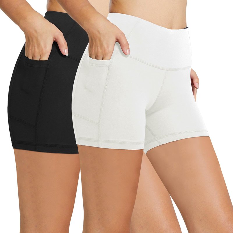baleaf Biker Shorts Women Yoga Gym Workout Spandex Running Volleyball Tummy Control Compression with Pockets 5" 2-Pack Black/White XXL