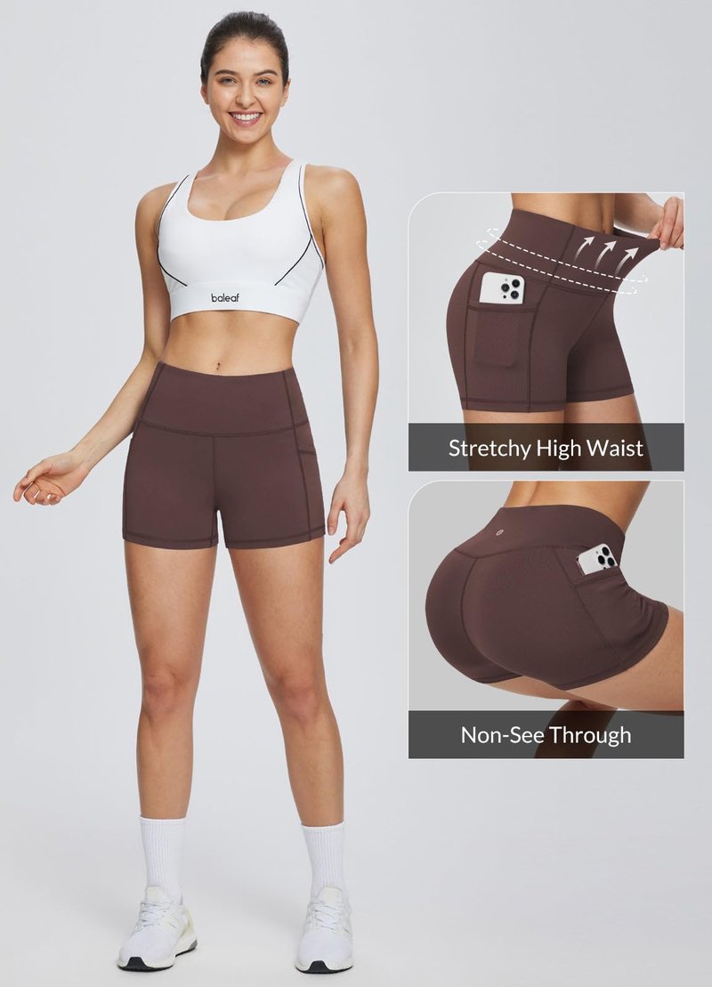 baleaf Gym Shorts Women 3" Biker Workout Yoga Spandex Running Volleyball Tummy Control Compression with Pockets Brown L