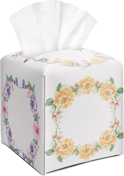 Yellow Floral Wreath Tissue Box Cover Square, Leather Tissue Holder with Bottom Belt, for Nightstands Desks Office Bathroom Car Vanity Home Decor Supplies -023