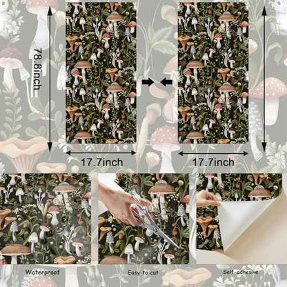 Mushroom Wallpaper Peel and Stick Wallpaper Black 17.7" x 78.8" Self Adhesive Removable Wall Paper Leaf Forest Mushroom Contact Paper for Countertops Decor