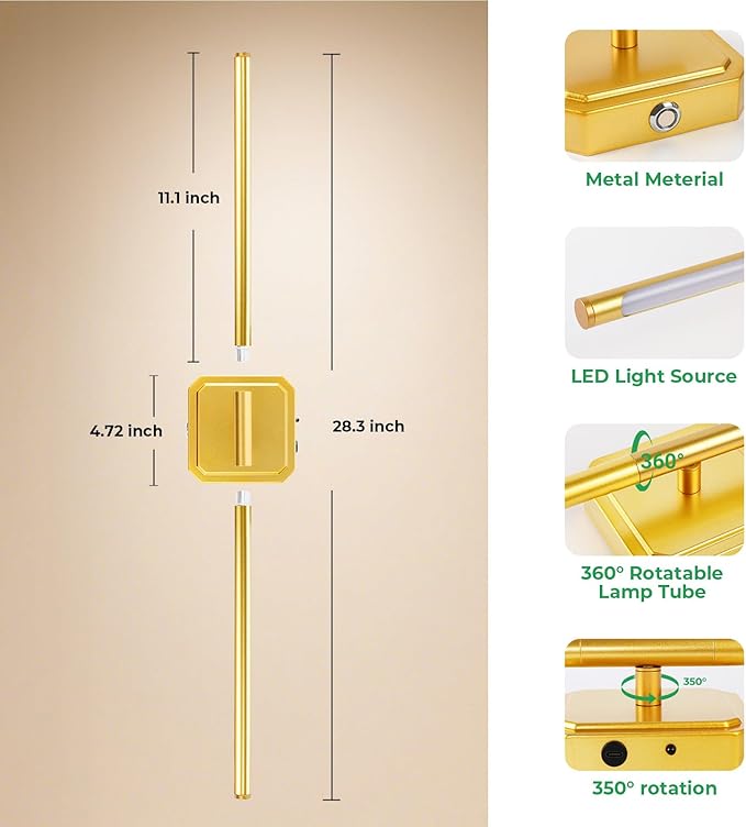 10000mAh Battery Operated Wall Sconce Detachable, Wireless Wall Lamp 3000-6500K Dimmable, Rechargeable Wall Light for Bedroom, Living Room, 28.3" Gold (4 Pack)