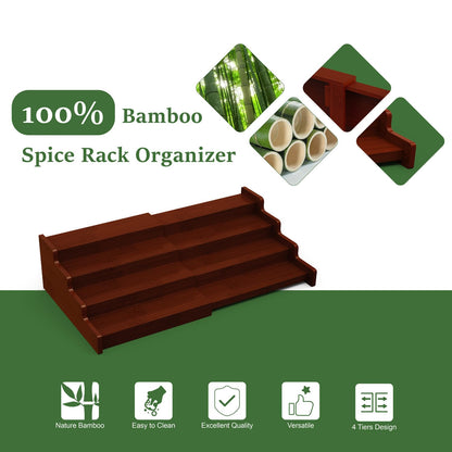 Spice Rack Organizer for Cabinet, 4 Tier Expandable Spice Rack, Bamboo Spice Organizer for Kitchen Cabinet, Pantry and Countertop Organization, Set of 2- Brown