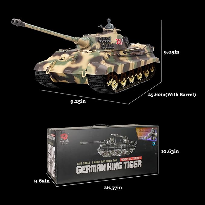 Heng Long RC Tank for Adults 1:16 2.4ghz German Tiger King Henschel Remote Control Tank Model (320-Degree Rotating Turret) RC Tanks That Shoots Military Vehicles Gifts for Age 14+