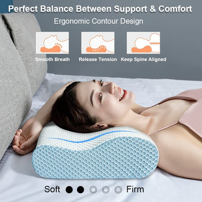 Anvo Memory Foam Pillow, Neck Contour Cervical Orthopedic Bed Pillow for Sleeping Side Back Stomach Sleeper, Ergonomic Design for Neck and Shoulder Pain Relief, Blue White, Firm