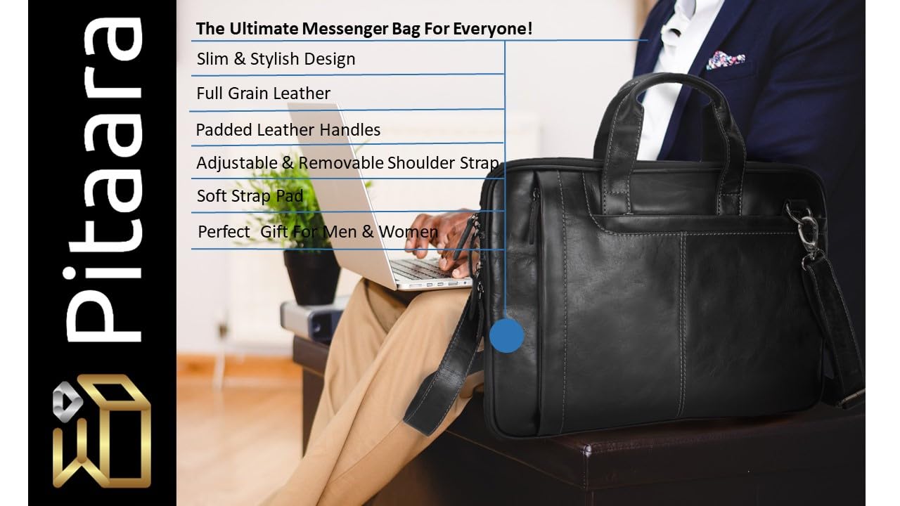 Pitaara Genuine Leather Messenger Laptop Bag For Men And Women, Black Briefcase, Fits Laptop Size 16", Unisex
