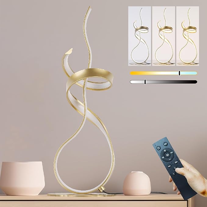 Gold Art Spiral 24W LED Table Lamp with Touch Remote Dimmer, 22" Unique Creative Stylish Smart Lamp, LED Desk Lamp for Dining Room, Bedroom, Bedside, Restaurant, Bar (Gold)
