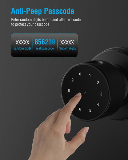 ADWUMAONG 5-in-1 Smart Fingerprint Door Knob with Keypad, Bluetooth/APP Control, Keyless Entry Door Lock, Easy No-Drill Installation for Front Door, Bedroom, Office