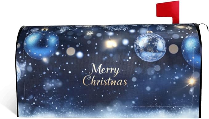 Festive Magnetic Mailbox Cover Christmas Blue Ball Pattern Outdoor Mailbox Protector Holiday Seasonal Decorative Garden Yard Home Standard Size 21 x 18 Inch