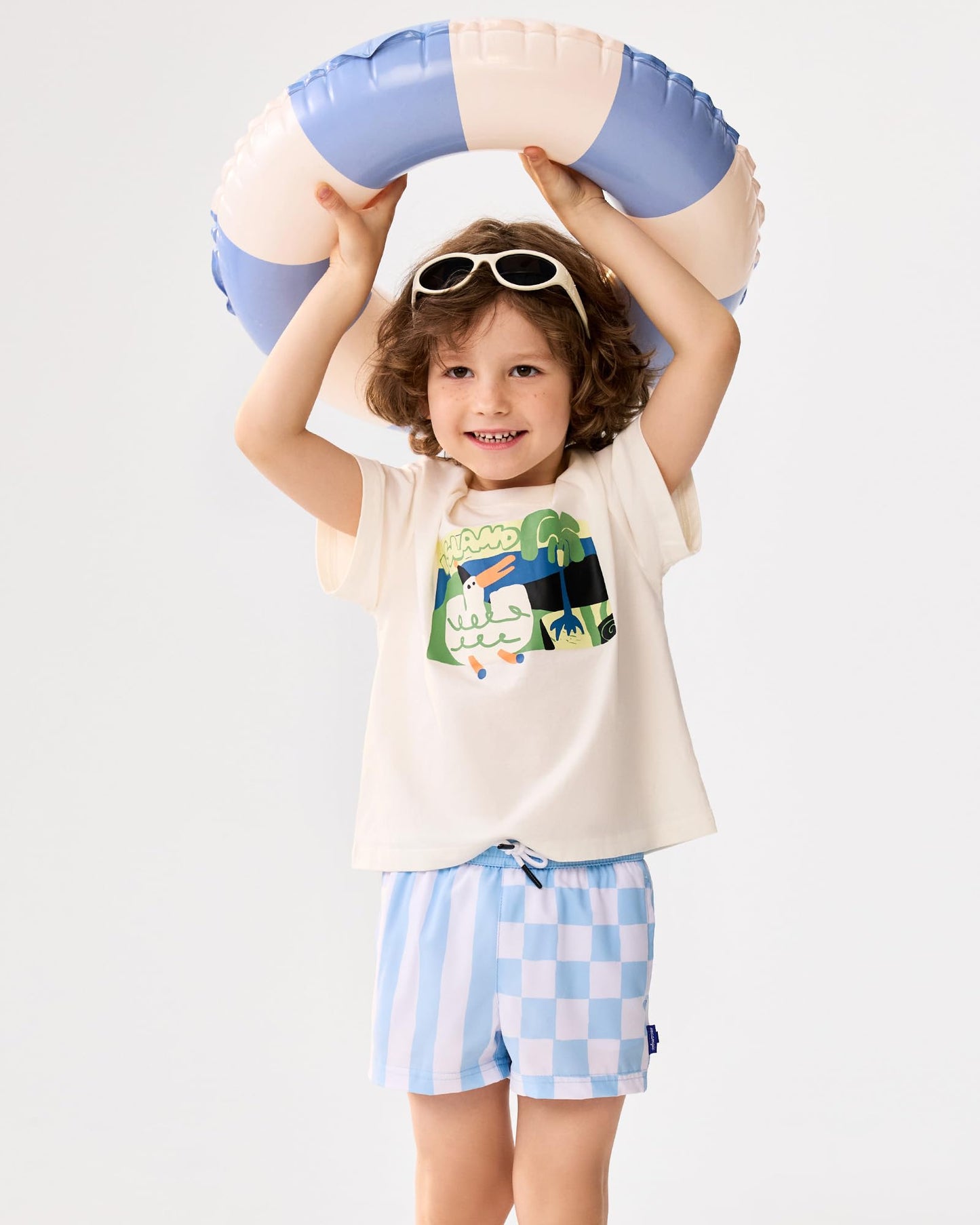maamgic Boys Swim Trunks with Compression Liner Recycled Swim Shorts Anti-Chafe Boys Bathing Suit Stretch Toddler Beach Shorts Blue Plaid 5/6