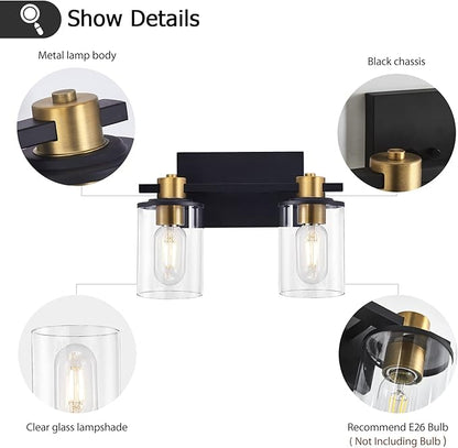 stambord 2 Light Bathroom Vanity Light, Black and Gold Bathroom Light Fixtures, Sconces Wall Lighting with Glass Shade, Modern Farmhouse Vanity Lighting fixtures for Bathroom, Bedroom, Hallway