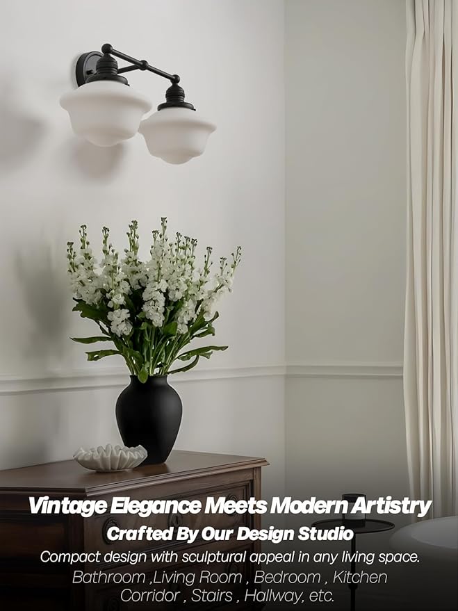 Vintage 2-Lights Wall Sconce Lights Black Bathroom Vanity Light with Milk Glass Double Sconce Wall Mounted Lamp for Bedroom Living Room Bathroom Mirror Kitchen Hallway Hardwire
