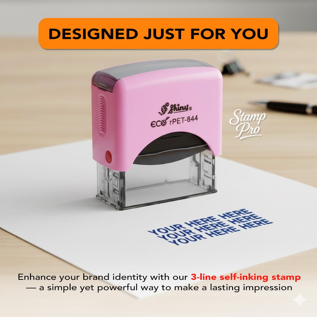 Stamp Pro Pink Self Inking 3 Line Custom Stamp – Personalized Name or Text Stamp for Home, School, Crafts & Business Use