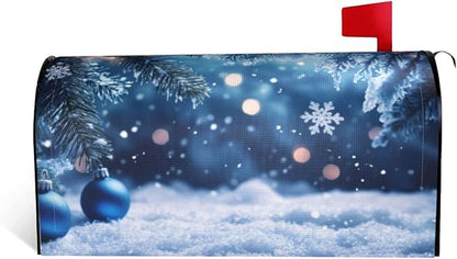 Festive Magnetic Mailbox Cover Winter Christmas Blue Ball Pattern Outdoor Mailbox Protector Holiday Seasonal Decorative Garden Yard Home Standard Size 21 x 18 Inch
