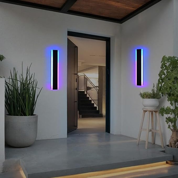 2 Pack LED RGB Outdoor Long Wall Lights,24 inch Outdoor Linear Light for Porch,Dimmable Wall Mounted Light Fixtures,Exterior Long Linear Lighting,Outside Lighting for Patio,House Front Door