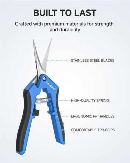 Fondwell 6.5" Pruning Shears Trimming Scissors: 2 Pack Straight & Curved Garden Snips with Micro Tip - Premium Plant Clippers for Precision Cutting