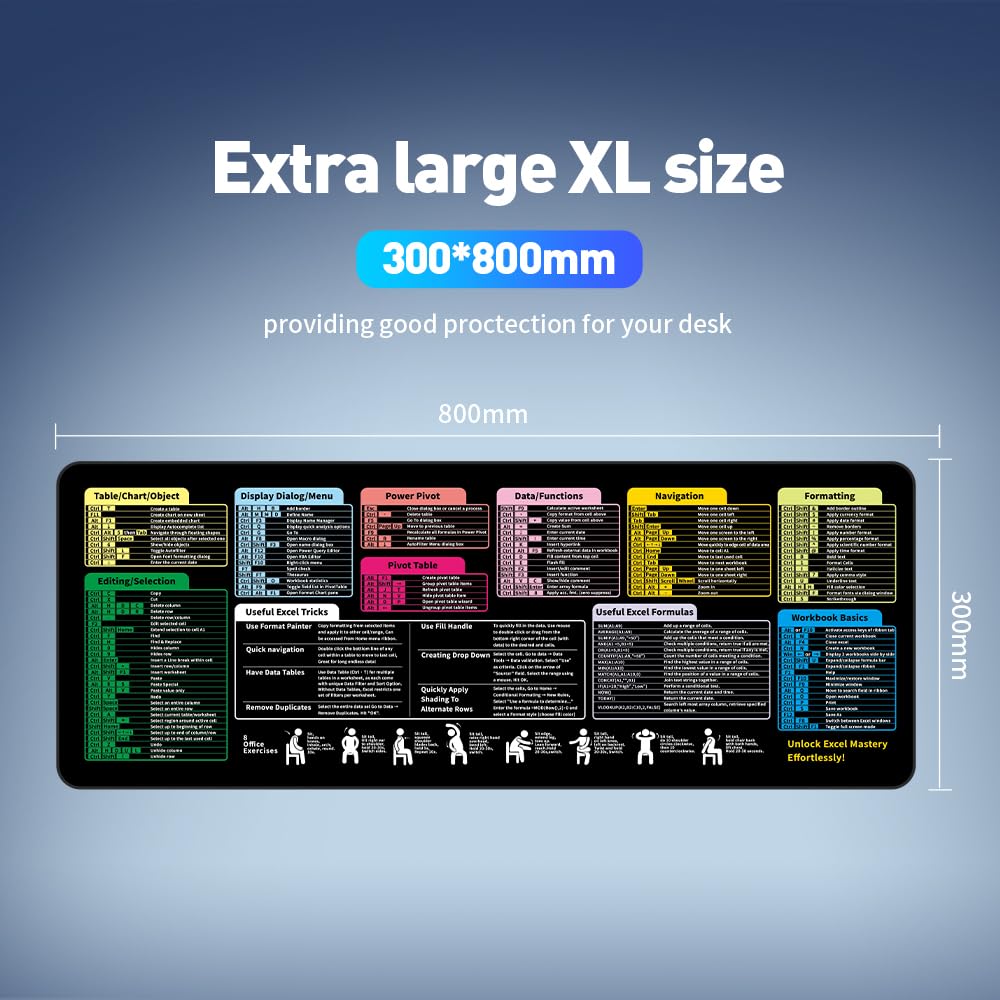 Excel Cheat Sheet Mouse Pad - 9 Major Excel Modules & 200+ Shortcuts (Excel/Word/PPT/Windows), 31.5"×11.8" XL, HD Print, Waterproof Anti - Slip Stitched Edge, 8 Office Exercises