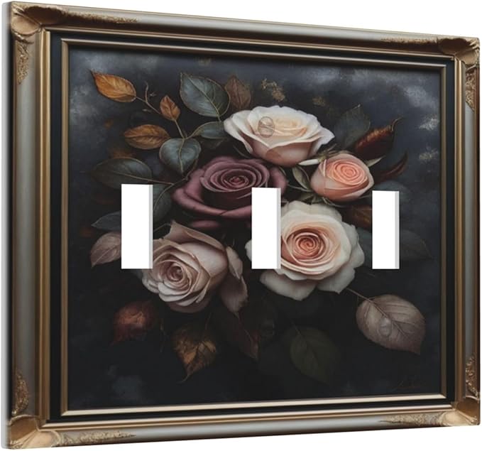 Decorative Art Light Switch Covers Elegant Rose Bouquet Art 3 Gang Triple Toggle Wall Plate Decorative Switch plate Electrical Faceplate for Home Decor