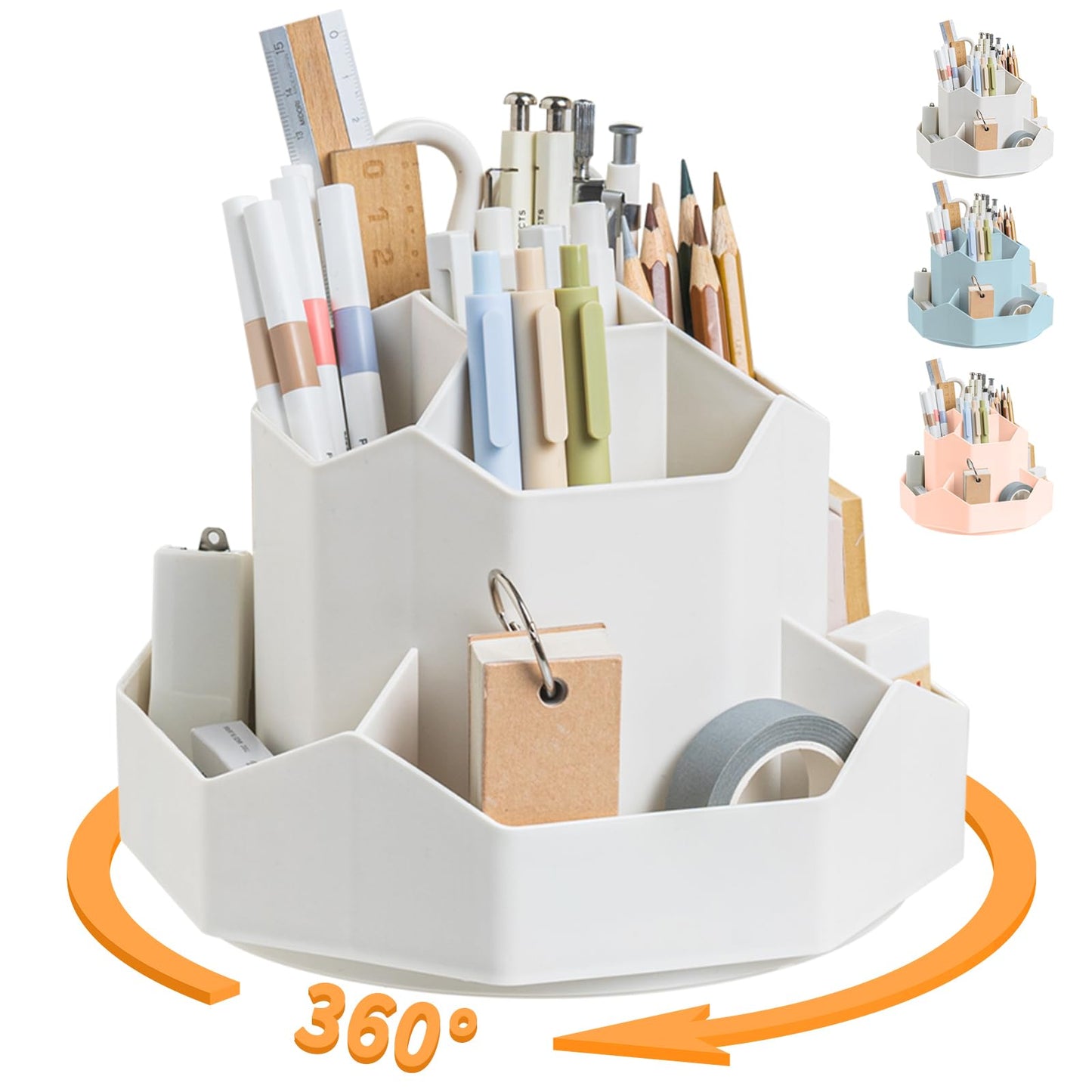 Cayxenful Pencil Pen Holder for Desk,9 Slots 360 Degree Rotating Desk Organizers,Desktop Storage Stationery Supplies Organizer, Cute Pencil Cup Pot For Office, School, Home(White)